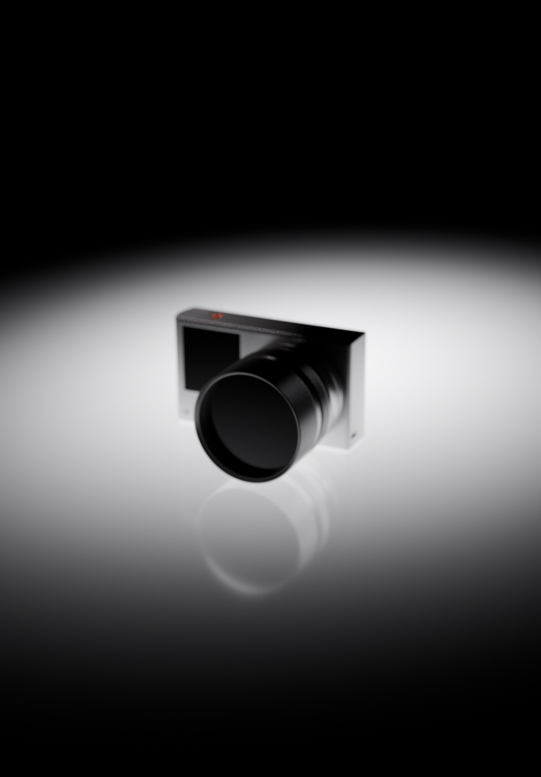 Compact digital camera with a large lens on a reflective surface in dim lighting.